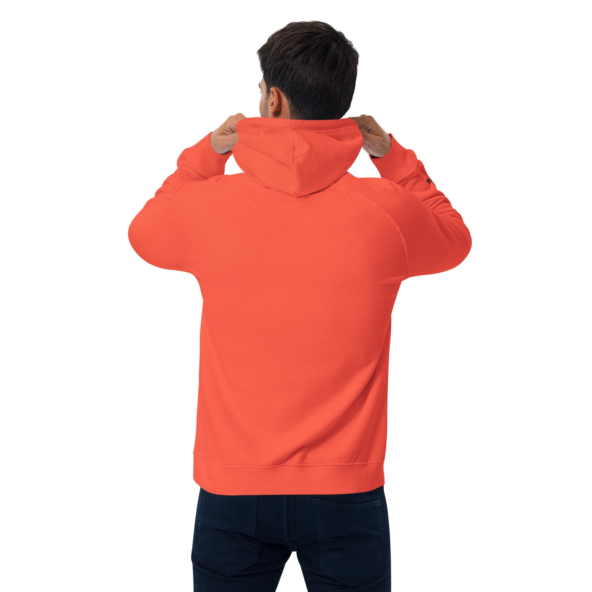 Soft orange unisex hoodie with “joy keeper” embroidery on the sleeve, made from organic cotton — eco-friendly minimalist sweatshirt.