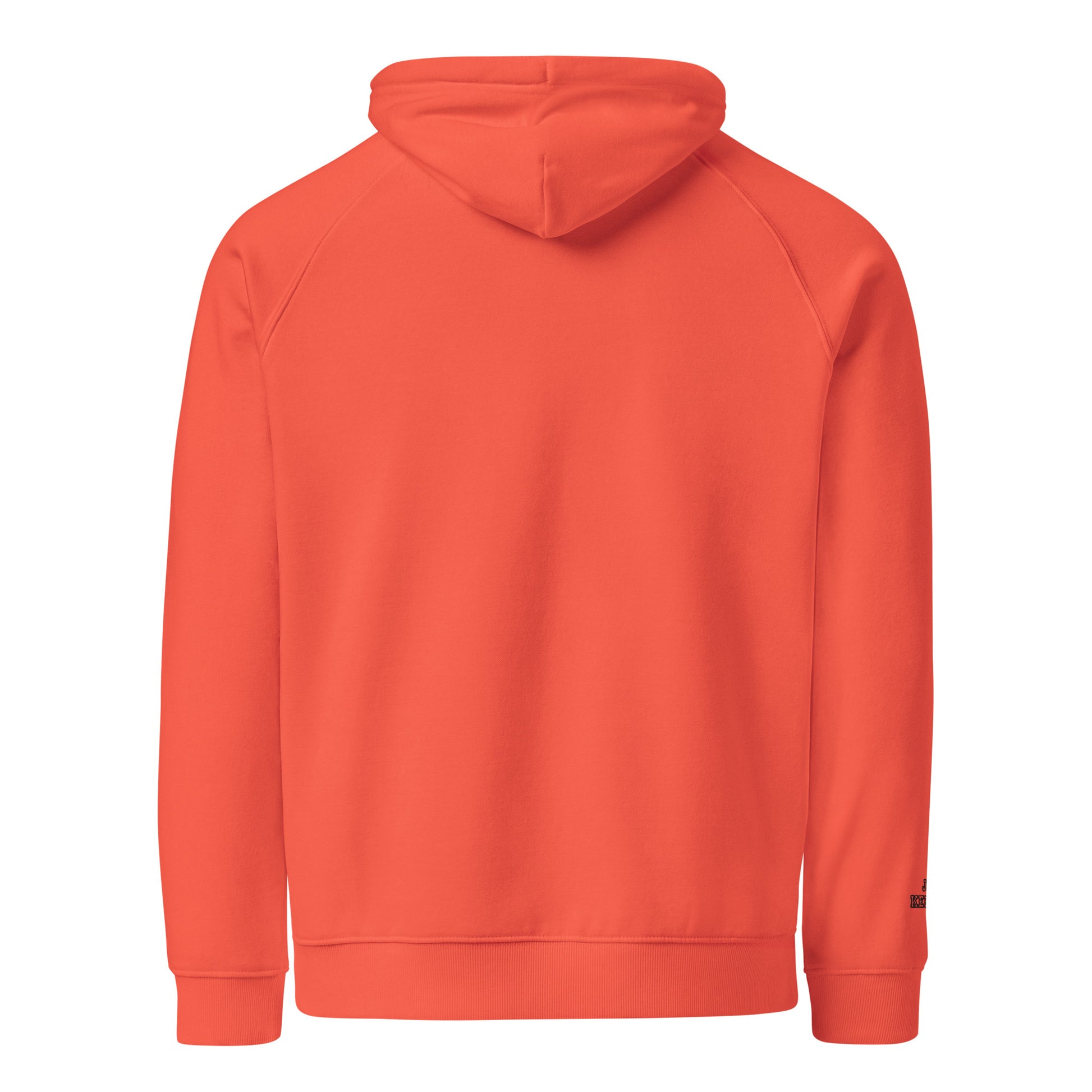 Soft orange unisex hoodie with “joy keeper” embroidery on the sleeve, made from organic cotton — eco-friendly minimalist sweatshirt.