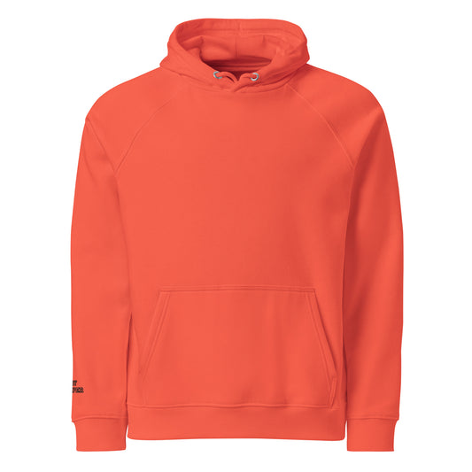 Soft orange unisex hoodie with “joy keeper” embroidery on the sleeve, made from organic cotton — eco-friendly minimalist sweatshirt.