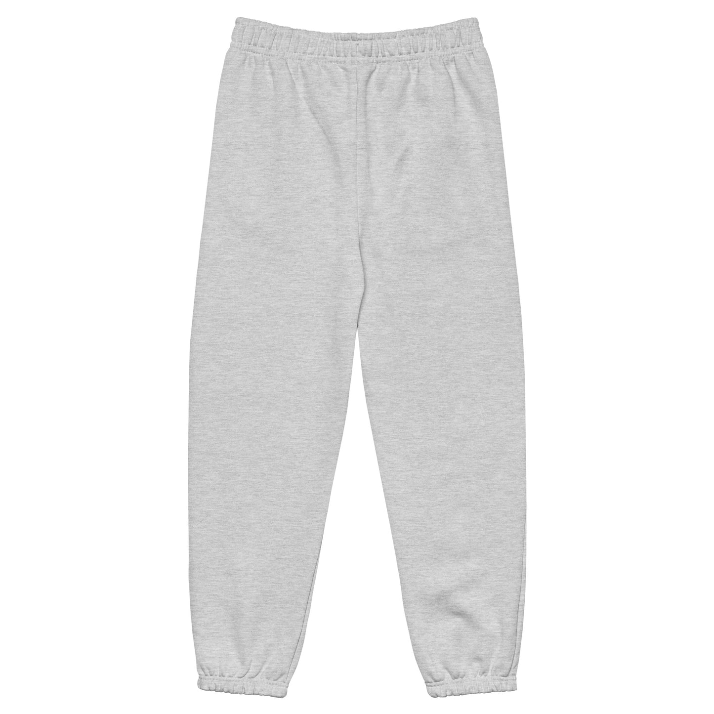 Back view of heavyweight sweatpants in Athletic Heather with brushed fleece, black “coziness” embroidery, and deep side pockets.