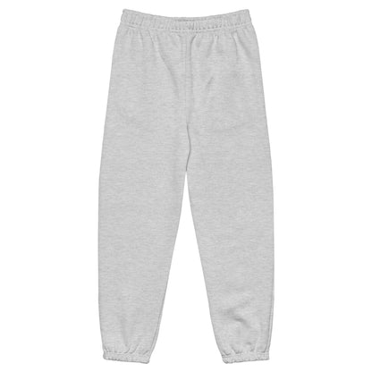 Back view of heavyweight sweatpants in Athletic Heather with brushed fleece, black “coziness” embroidery, and deep side pockets.