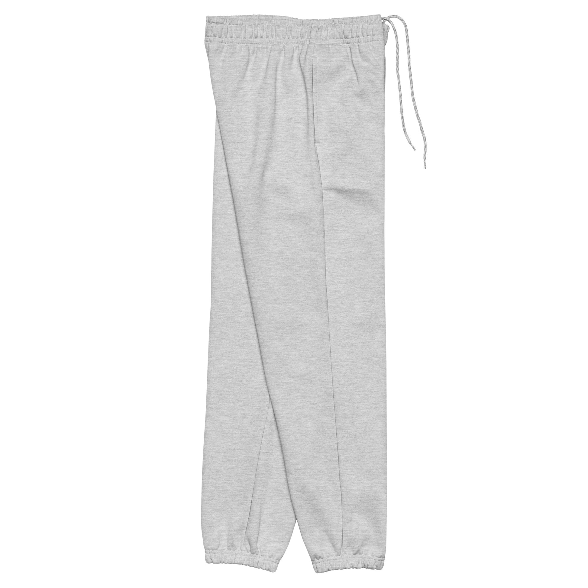 Side view of heavyweight sweatpants in Athletic Heather with black “coziness” embroidery, elastic cuffs, and relaxed street-style fit.