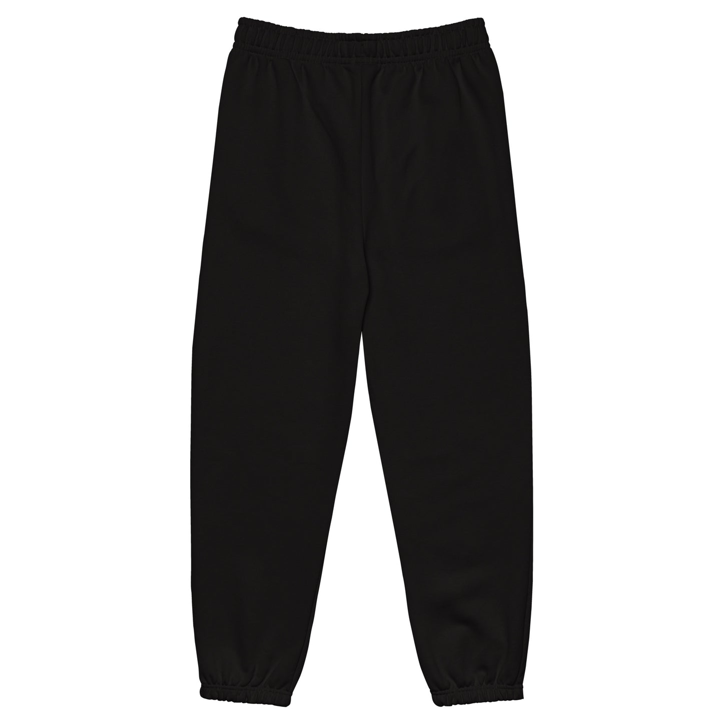 Back view of heavyweight sweatpants in Black with brushed fleece, white “coziness” embroidery, and elastic cuffs for all-day comfort.