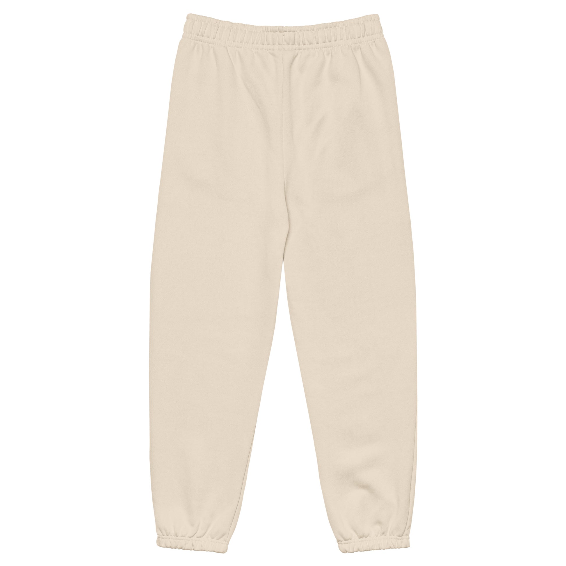 Back view of heavyweight sweatpants in Dust with brushed fleece, black “coziness” embroidery, and elastic cuffs for all-day comfort.