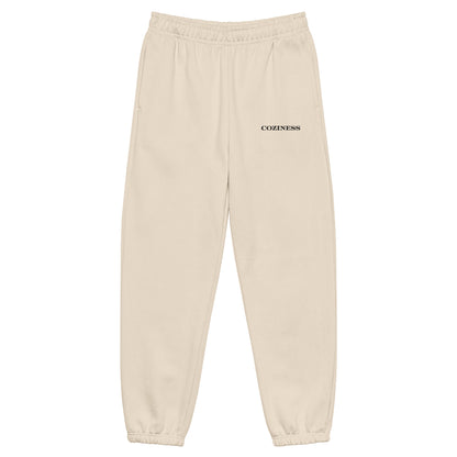 Heavyweight sweatpants in Dust with soft brushed fleece, black “coziness” embroidery, deep side pockets, elastic cuffs, and relaxed street-style fit.