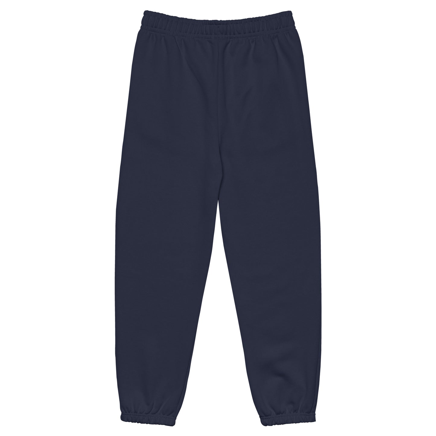 Heavyweight sweatpants in Navy with soft brushed fleece, white “coziness” embroidery, elastic cuffs, and roomy street-style fit.