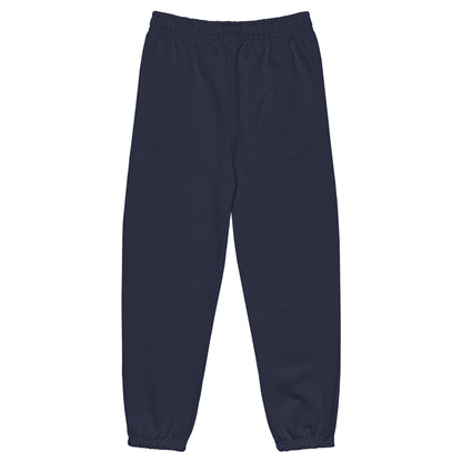Heavyweight sweatpants in Navy with soft brushed fleece, white “coziness” embroidery, elastic cuffs, and roomy street-style fit.