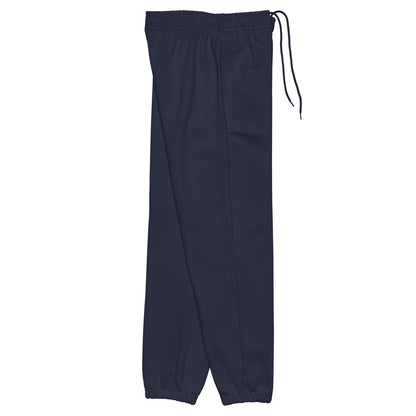 Side view of heavyweight sweatpants in Navy with white “coziness” embroidery, elastic cuffs, and relaxed street-style fit.