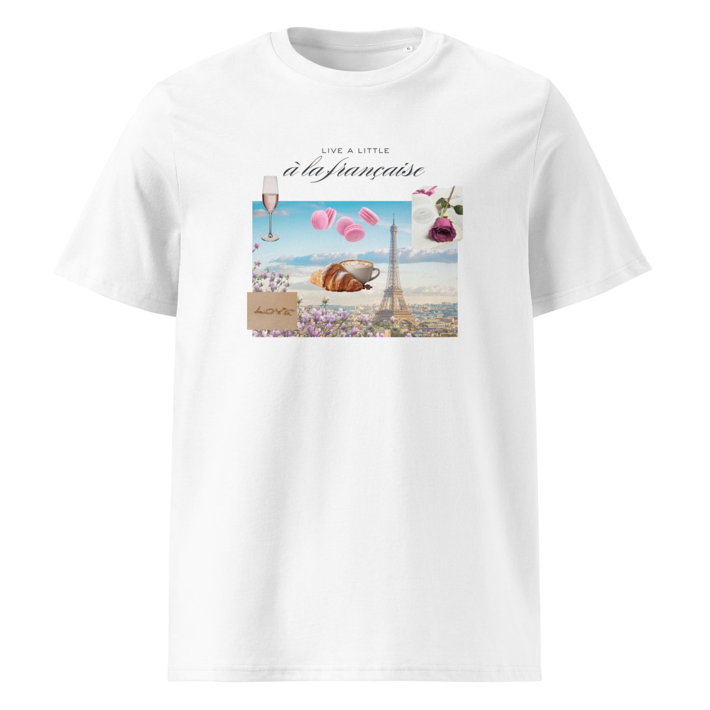 White organic cotton t-shirt with romantic Paris illustration — Eiffel Tower, wine glass, macarons, croissant and love letters in pink and blue tones, "Live a Little à la Française" text