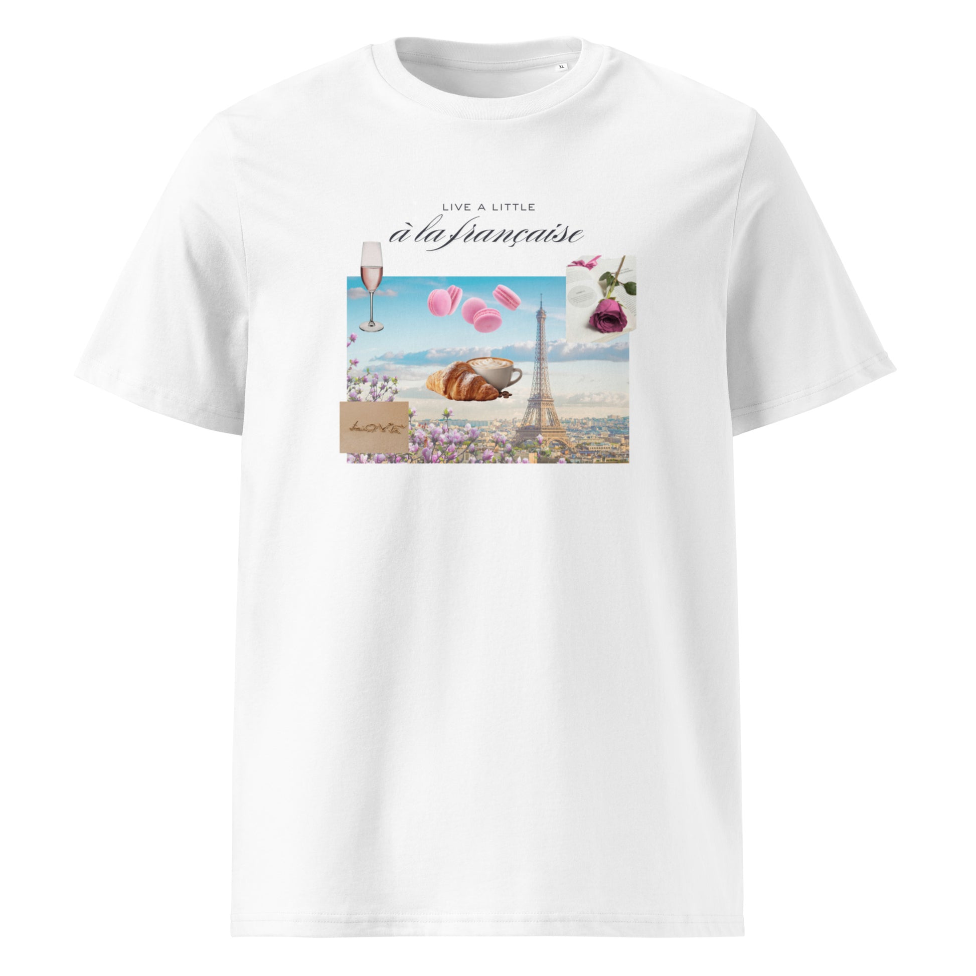 White organic cotton t-shirt with romantic Paris illustration — Eiffel Tower, wine glass, macarons, croissant and love letters in pink and blue tones, "Live a Little à la Française" text