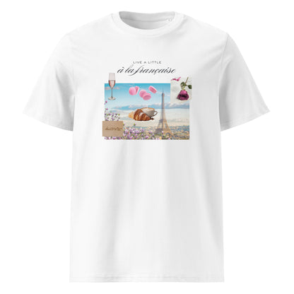 White organic cotton t-shirt with romantic Paris illustration — Eiffel Tower, wine glass, macarons, croissant and love letters in pink and blue tones, "Live a Little à la Française" text