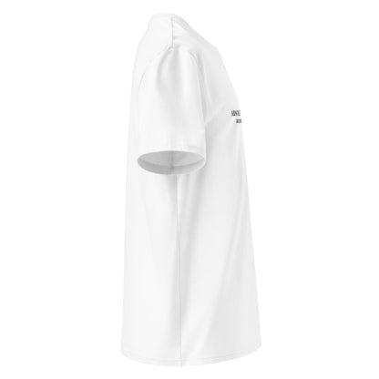 White organic cotton unisex t-shirt with black text "Absolutely Beautiful According to My Mom" by Island of Calm