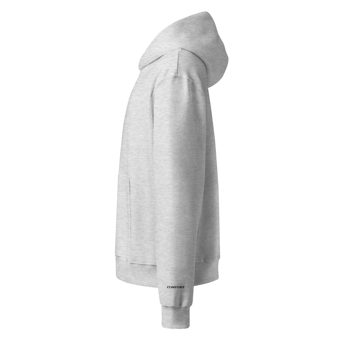 Side view of oversized heavyweight hoodie in Athletic Heather with soft cotton fleece and “comfort” sleeve embroidery, cozy unisex fit.