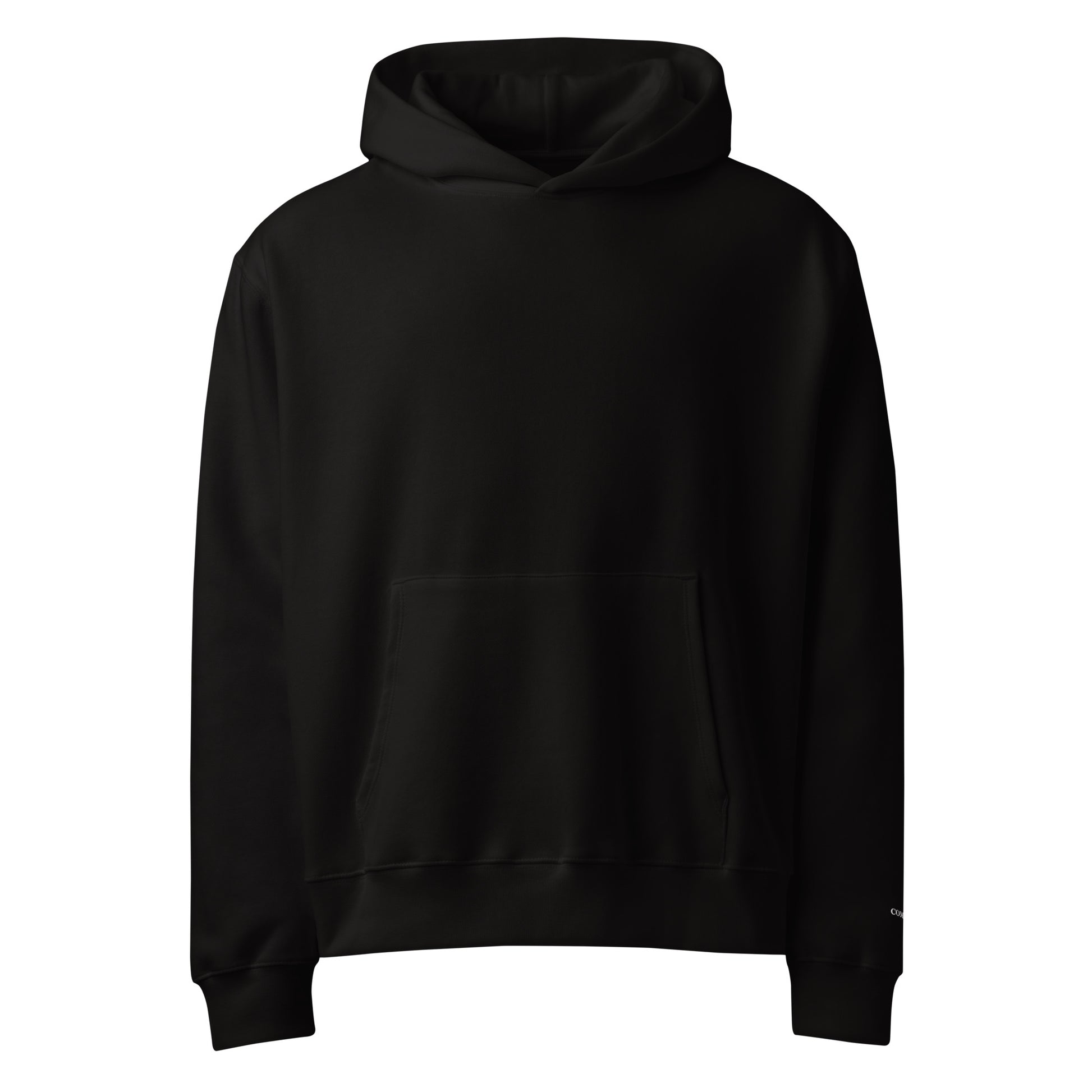 Oversized heavyweight hoodie in Black with soft cotton fleece and white “comfort” sleeve embroidery, cozy unisex fit.