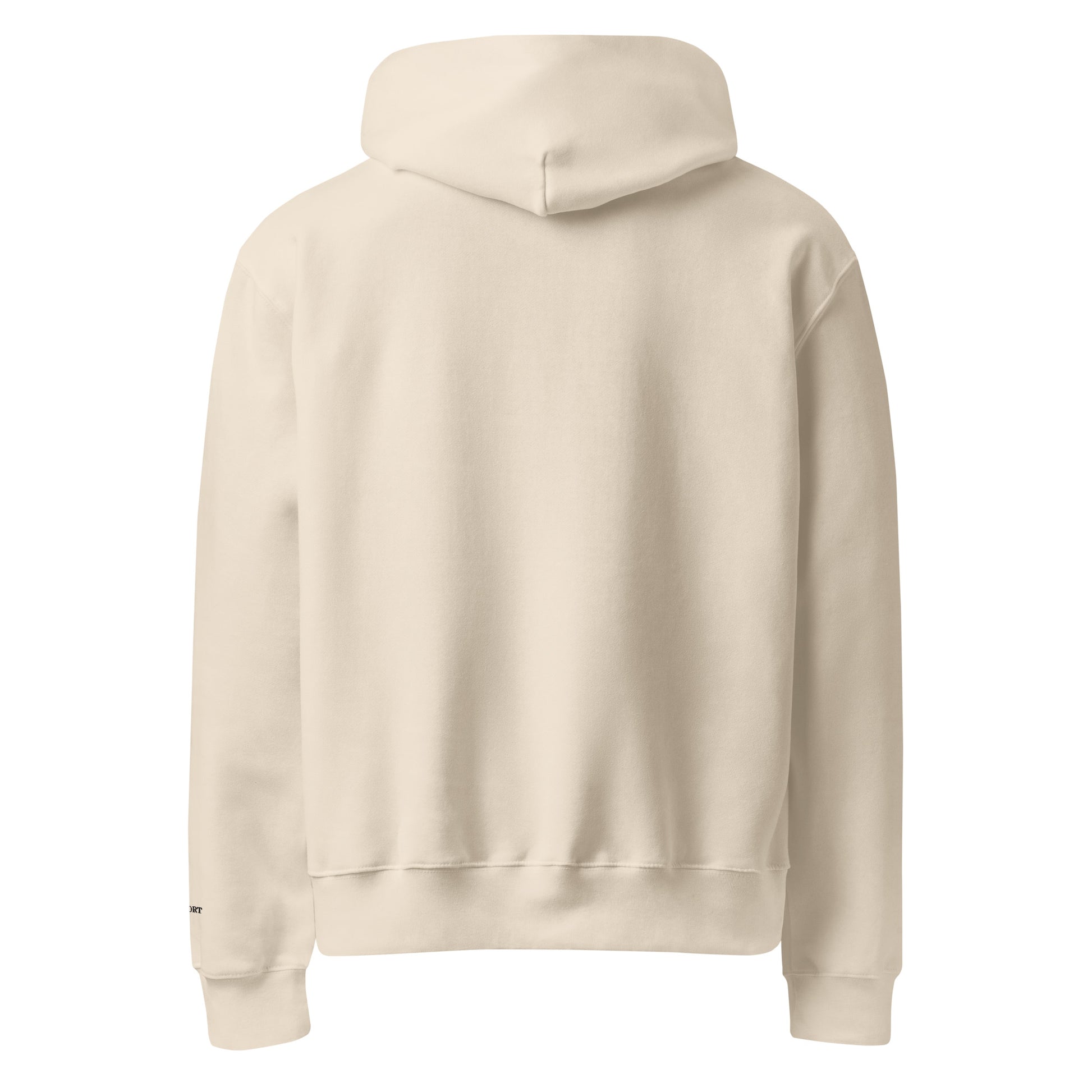 Minimalist cotton fleece hoodie, oversized relaxed fit, soft brushed interior for warmth and comfort.