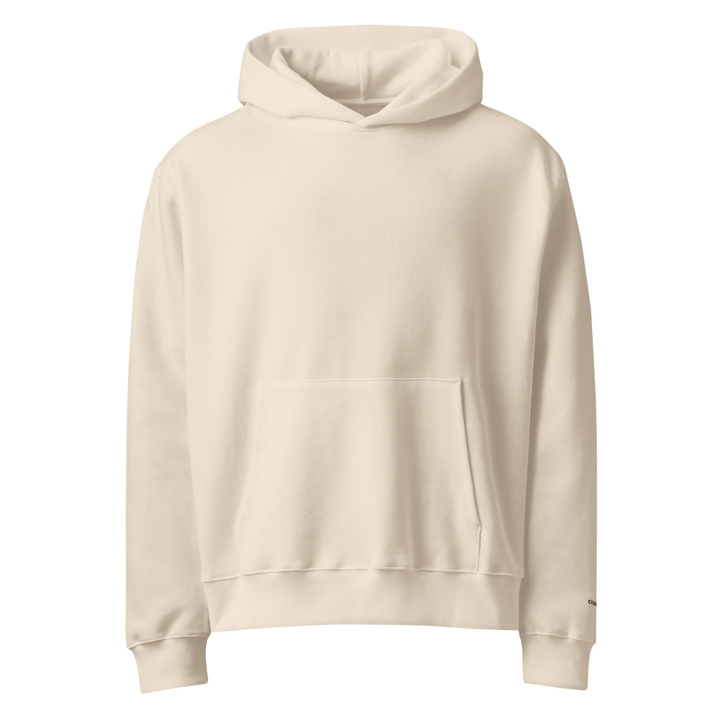 Oversized heavyweight hoodie in Dust with soft cotton fleece and “comfort” sleeve embroidery, cozy unisex fit.