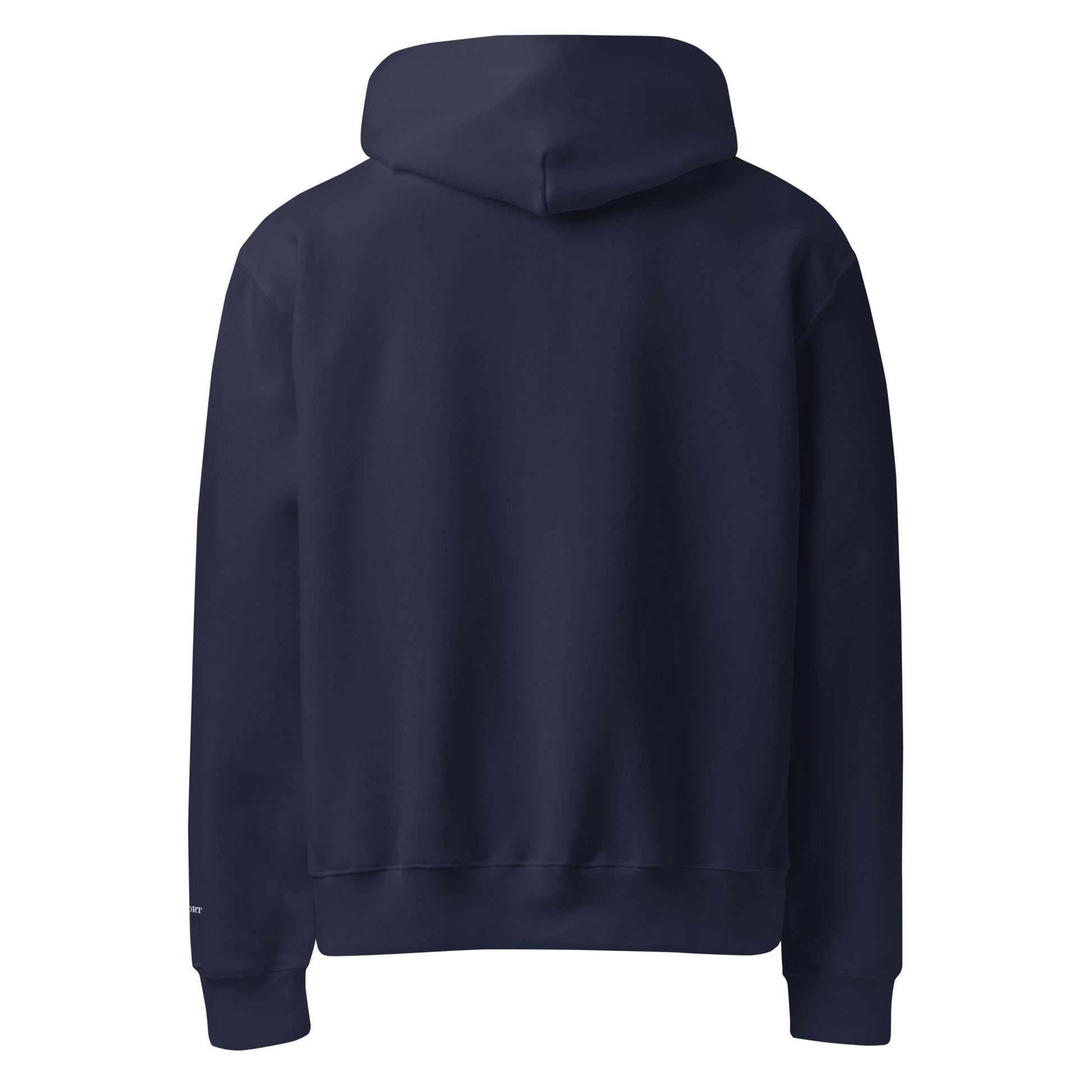 Back view of oversized heavyweight hoodie in Navy, oversized relaxed fit with cozy brushed cotton fleece.