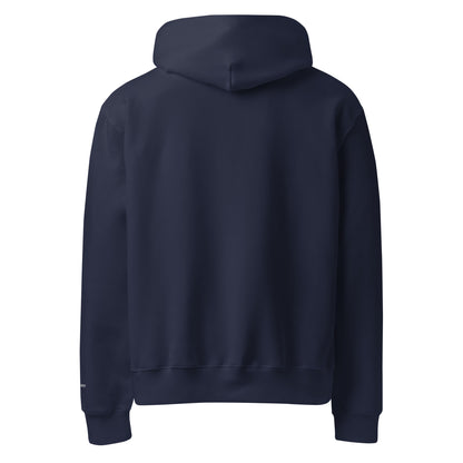 Back view of oversized heavyweight hoodie in Navy, oversized relaxed fit with cozy brushed cotton fleece.