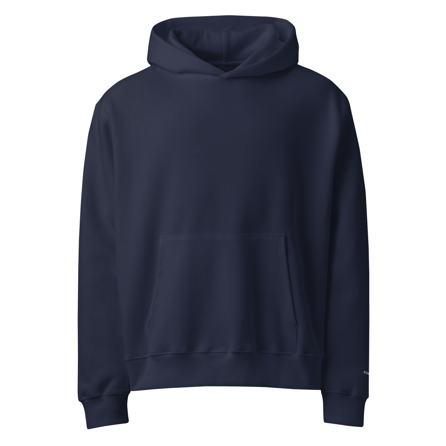 Oversized heavyweight hoodie in Navy with soft cotton fleece and white “comfort” sleeve embroidery, cozy unisex fit.