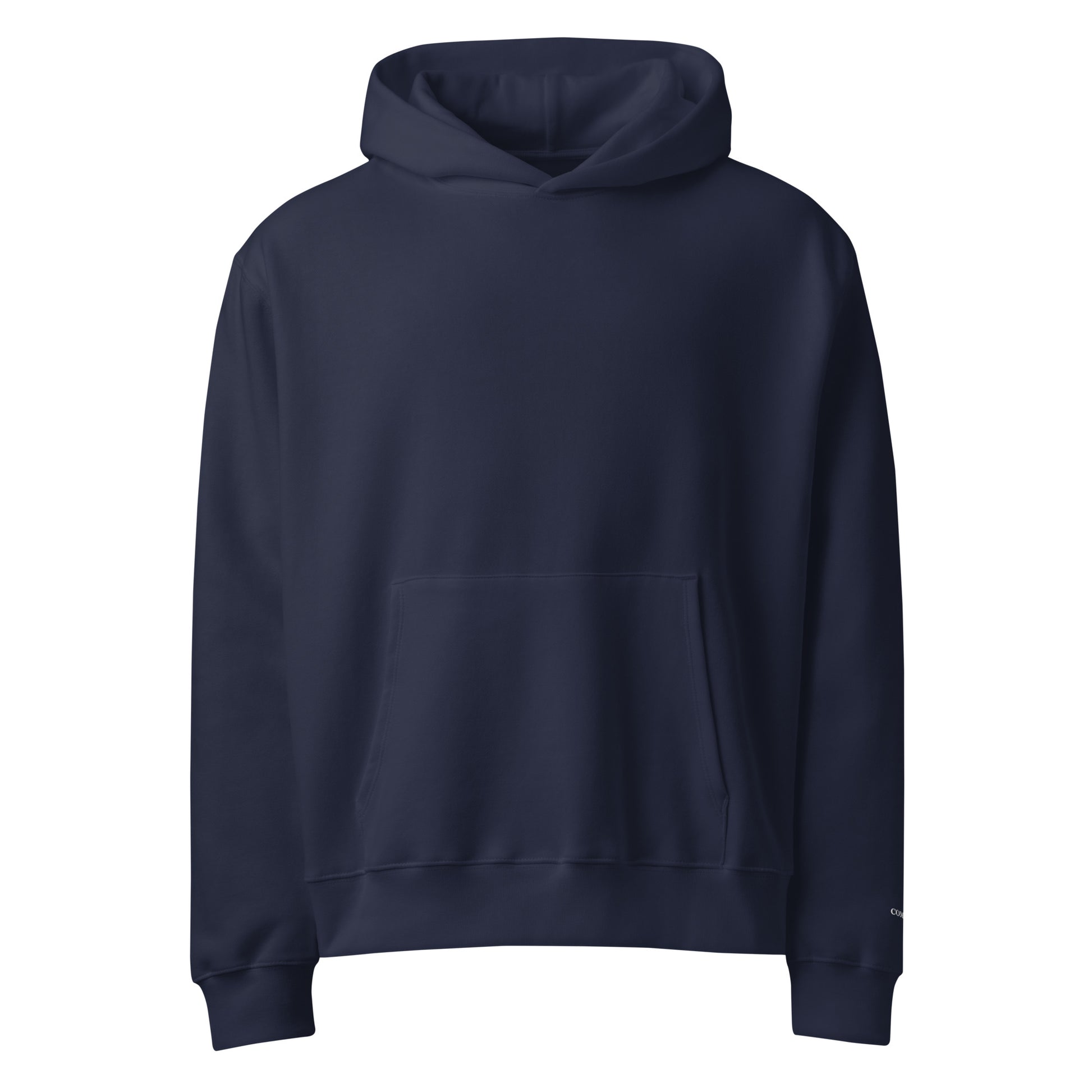 Oversized heavyweight hoodie in Navy with soft cotton fleece and white “comfort” sleeve embroidery, cozy unisex fit.
