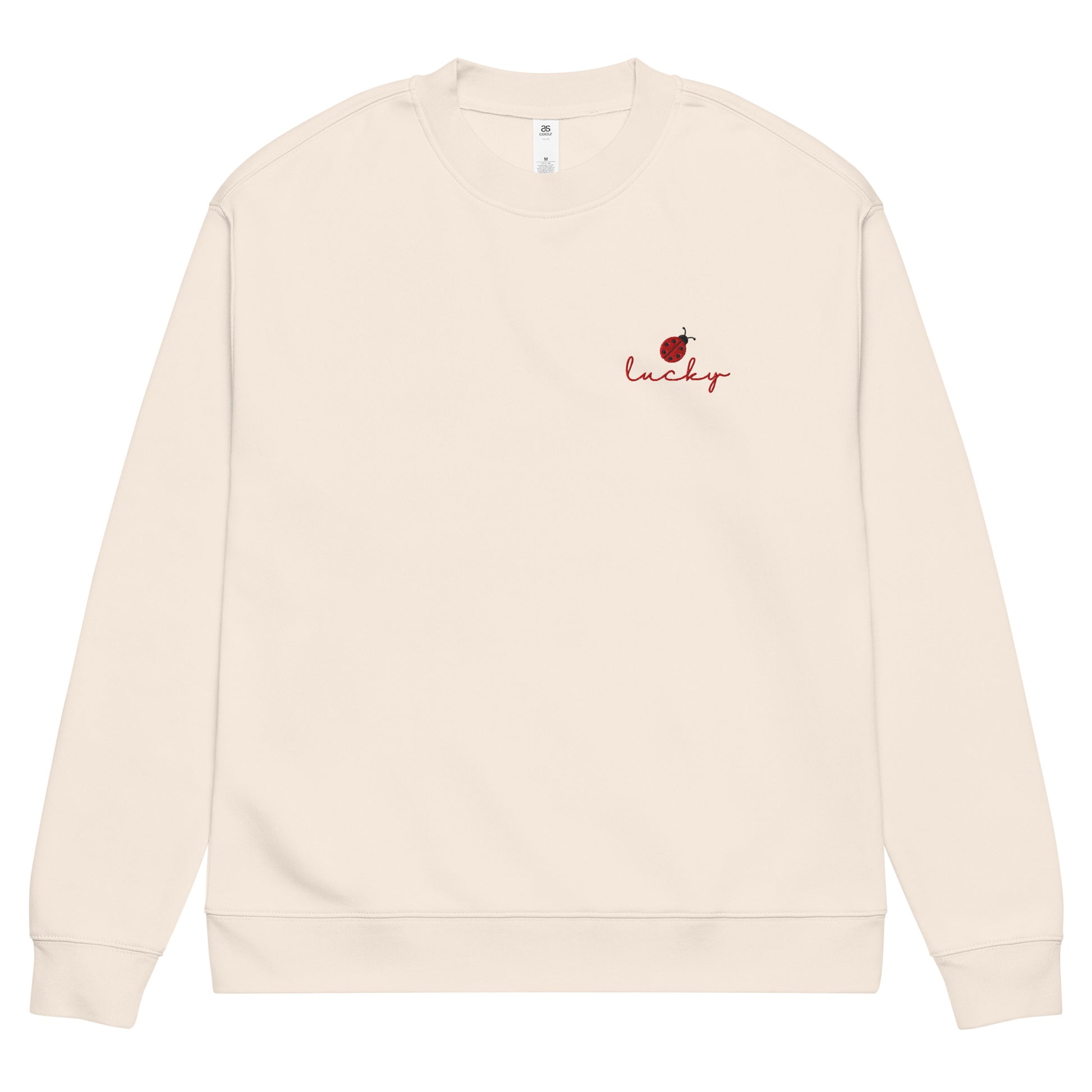 Front view of Lucky ladybug embroidered unisex sweatshirt with relaxed fit and cotton blend fabric