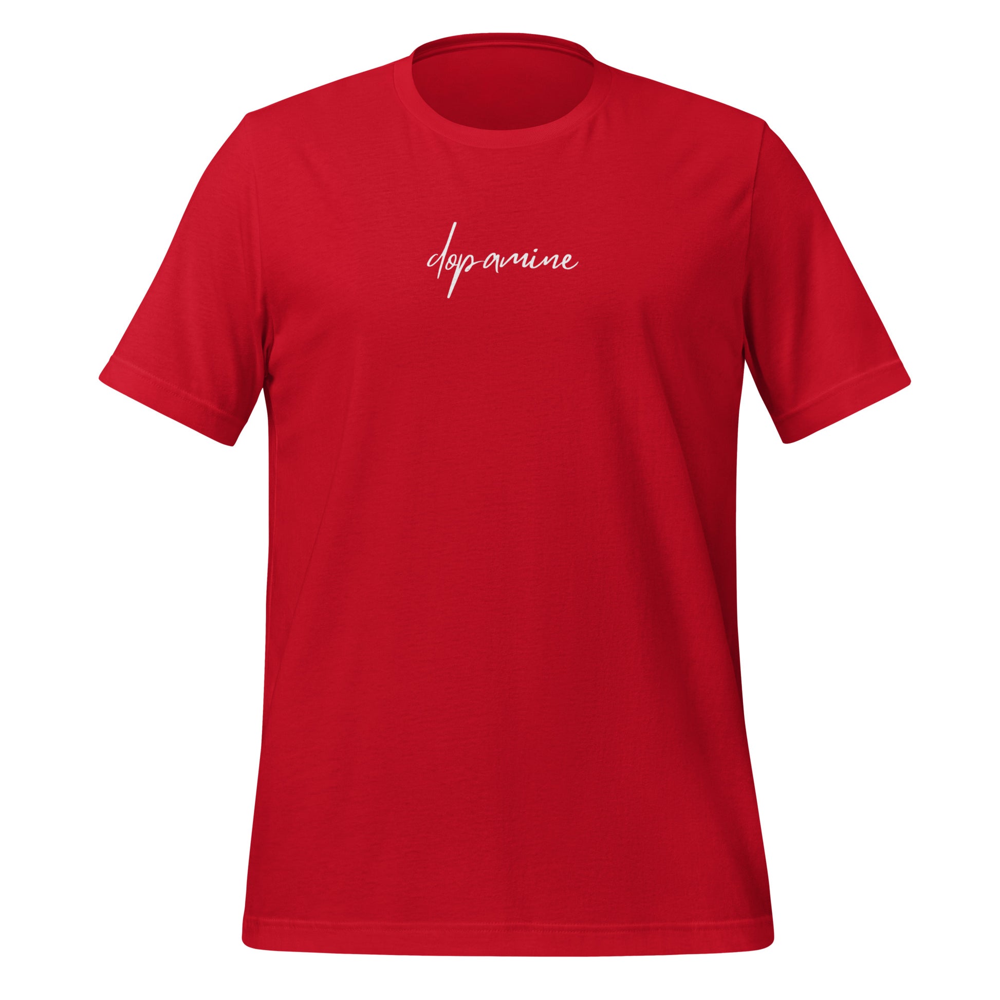 Red women's t-shirt with white text "dopamine" — mindful graphic tee by Island of Calm