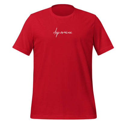 Red women's t-shirt with white text "dopamine" — mindful graphic tee by Island of Calm