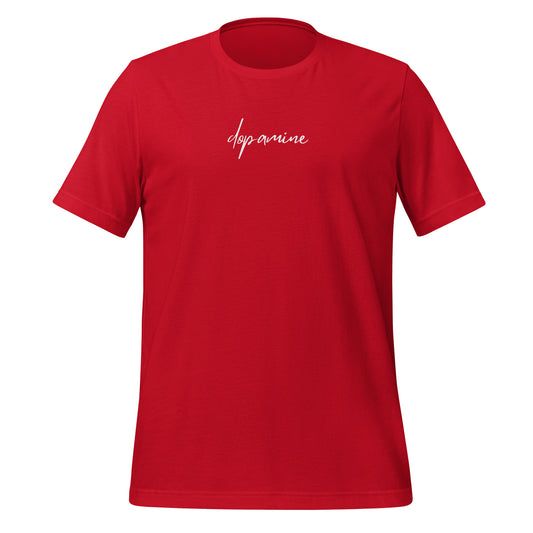 Red women's t-shirt with white text "dopamine" — mindful graphic tee by Island of Calm