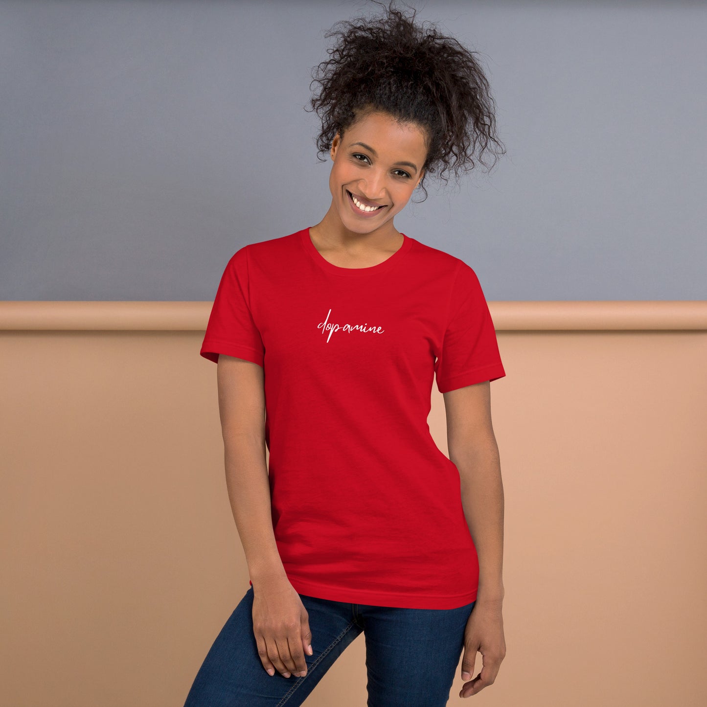 Red women's t-shirt with white text "dopamine" — mindful graphic tee by Island of Calm