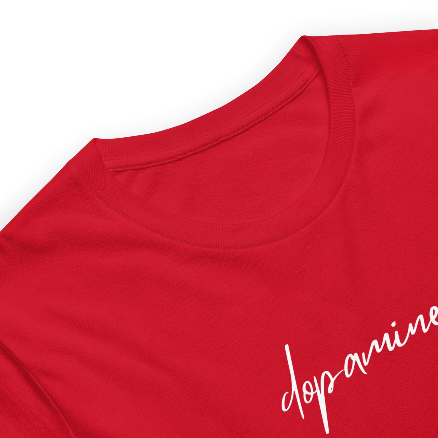 Red women's t-shirt with white text "dopamine" — mindful graphic tee by Island of Calm